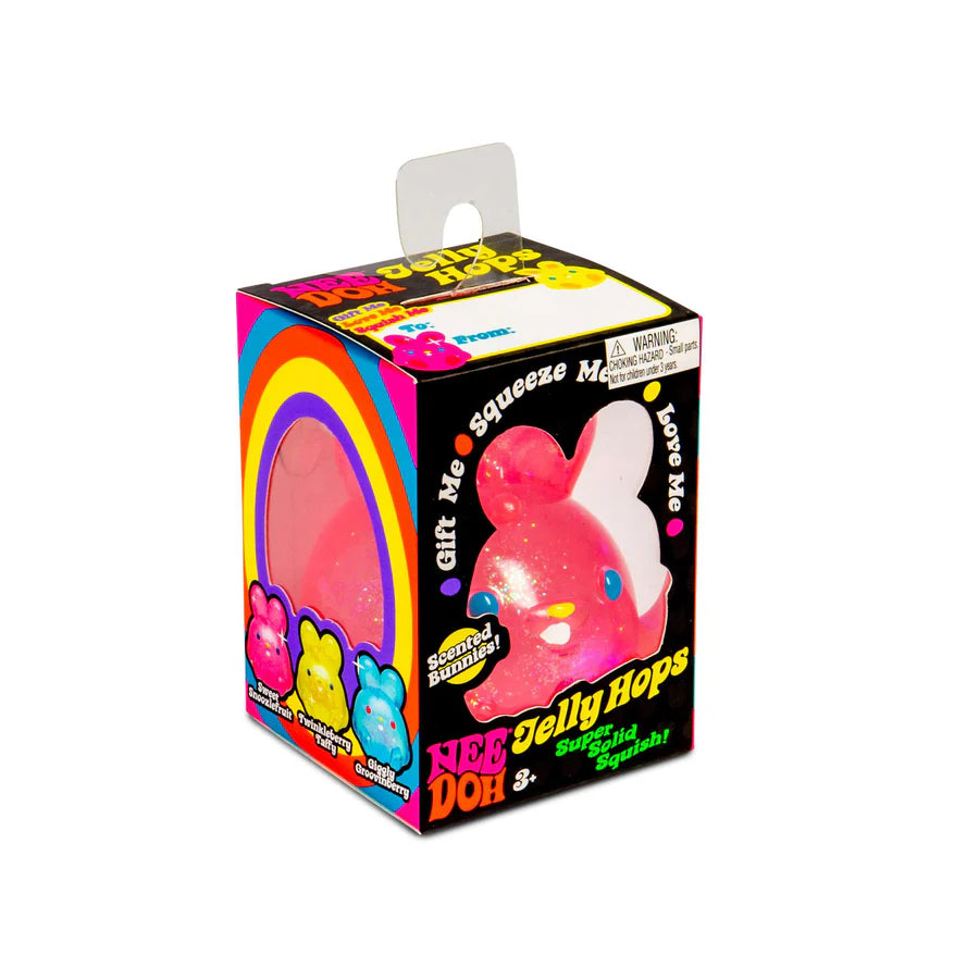 Angled view of NeeDoh Jelly Hops pink bunny in retro rainbow gift box packaging