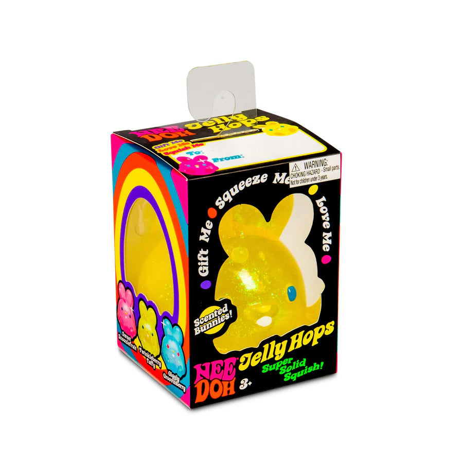 Angled view of NeeDoh Jelly Hops yellow bunny in retro rainbow gift box packaging