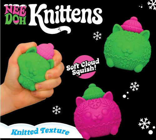 Nee Doh Knittens squishy knitted cat sensory fidget toy, green and pink