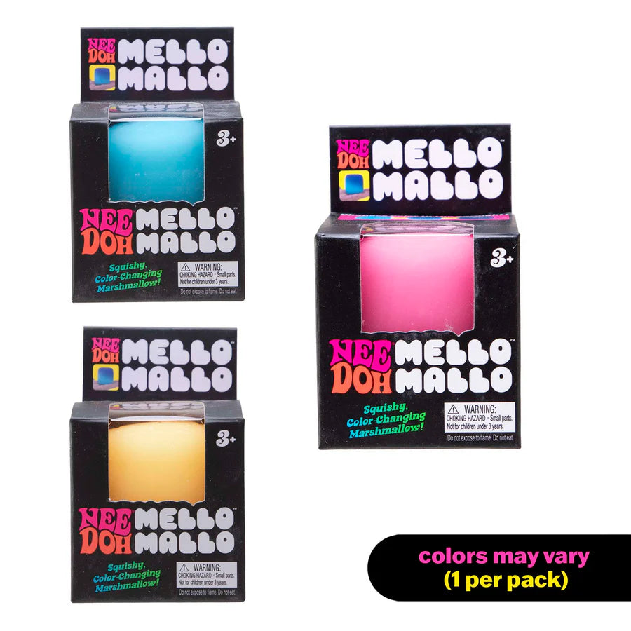 Three NeeDoh Mello Mallo boxes in pink, blue and yellow colourways