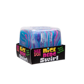 Blue and pink marbled Nee Doh Nice Berg Swirl squish cube sitting on its branded retail box