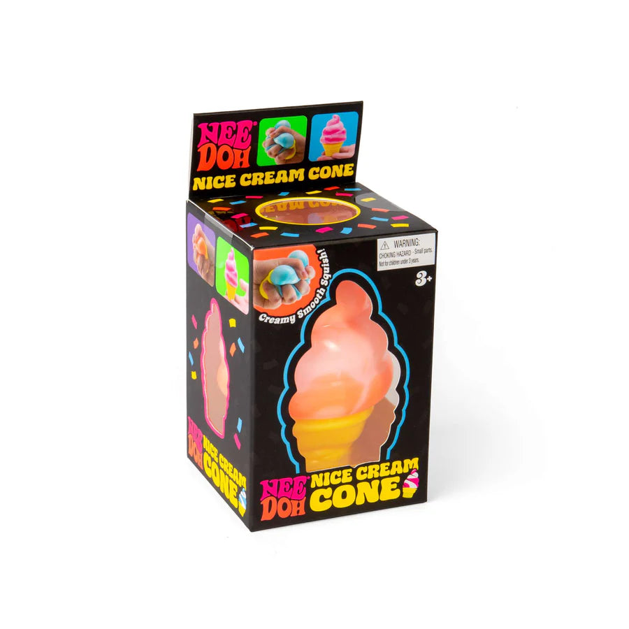 Orange Nee Doh Nice Cream Cone squish toy displayed in branded retail box showing soft-serve cone shape