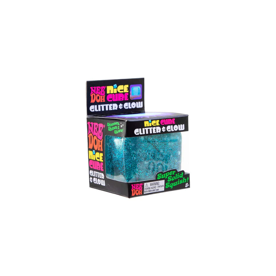 Blue NeeDoh Glitter and Glow Nice Cube sensory toy in its branded black box