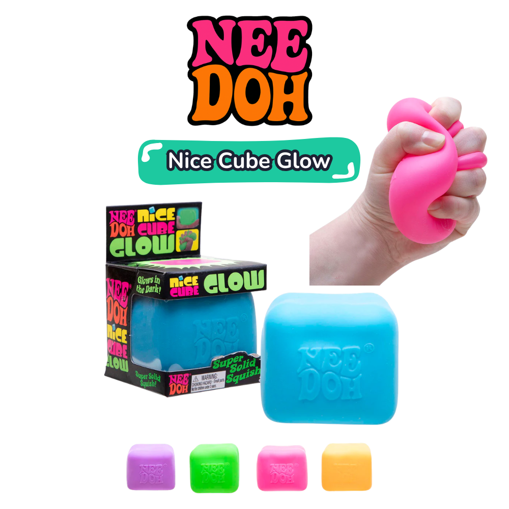 Nee Doh Nice Cube Glow product overview showing all five neon colours alongside branded retail box