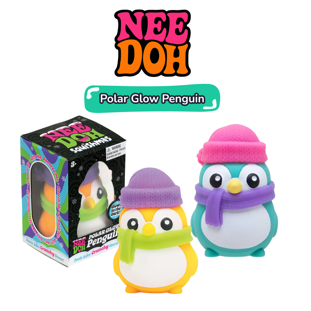 Nee Doh Polar Glow Penguin squishy sensory toy, yellow and teal with packaging
