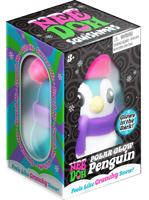Nee Doh Polar Glow Penguin toy packaging with colorful design and text.