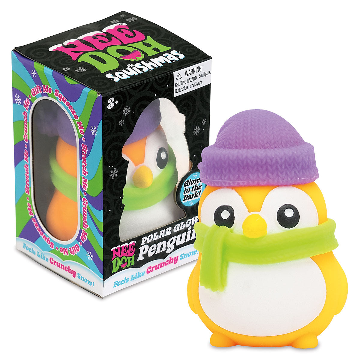 Nee Doh Polar Glow Penguin yellow glow-in-the-dark squishy toy with packaging