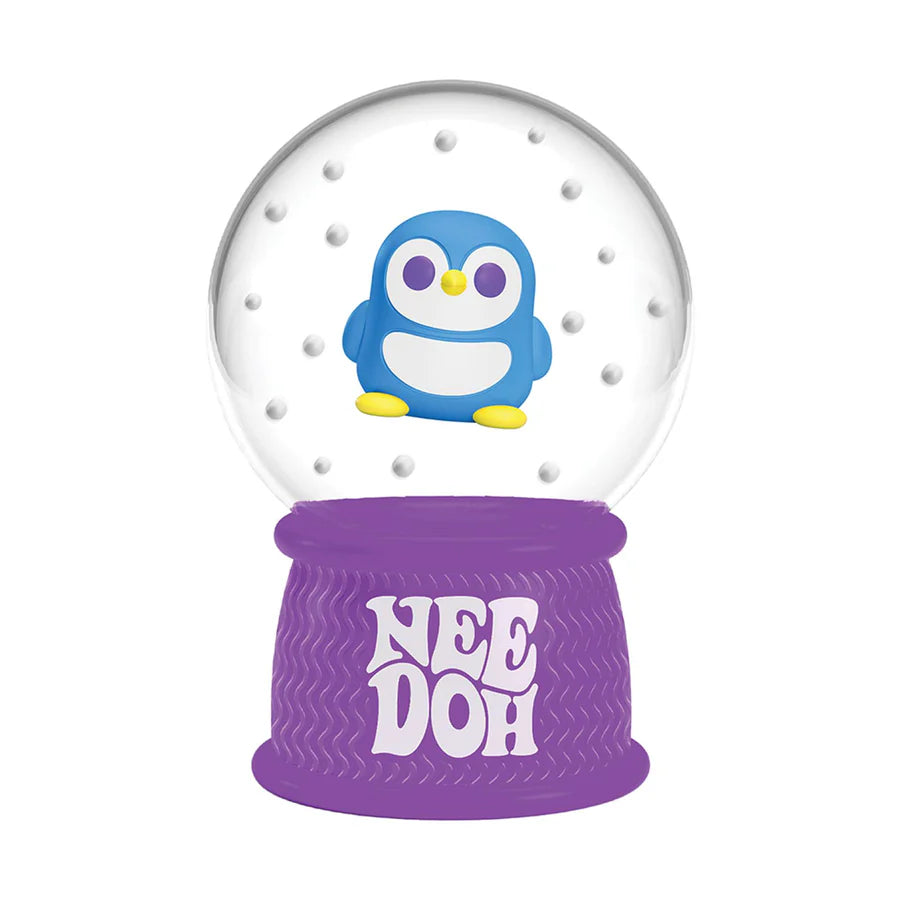 NeeDoh Snow Globe blue penguin figure with purple branded squishy base on white background