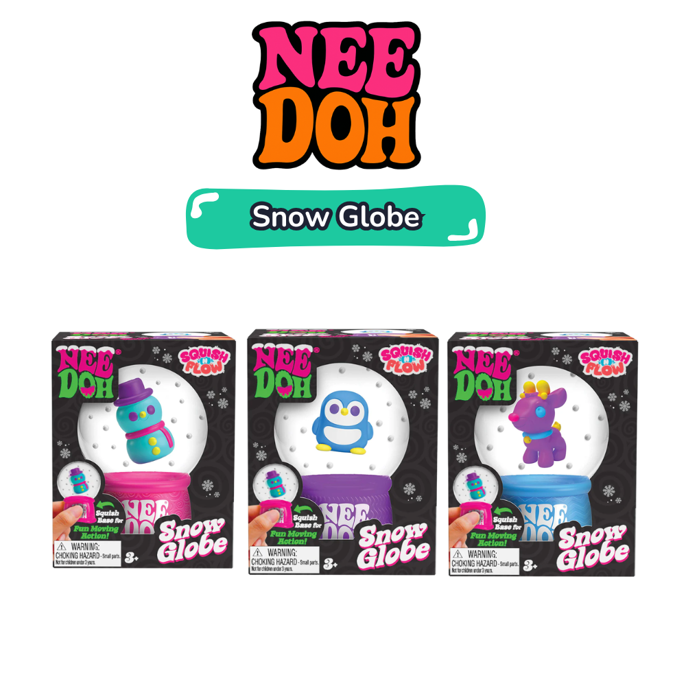 Three NeeDoh Snow Globe boxes showing snowman, penguin and reindeer designs