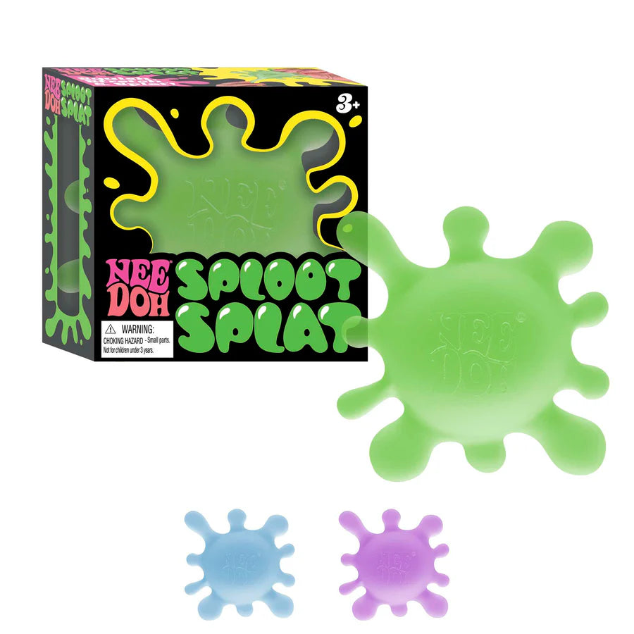 Green NeeDoh Sploot Splat sensory toy next to its box with blue and purple versions below