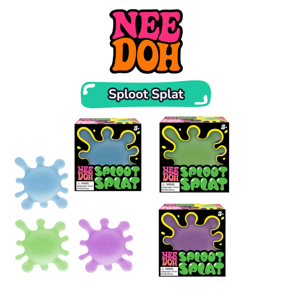 NeeDoh Sploot Splat in blue, green and purple with branded packaging