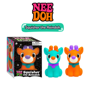A Nee Doh toy set featuring 'Squisher the Reindoh' shown with its retail box and two small figurines. The box is black with colorful graphics, and the two figurines are one teal and one orange, both with purple accents.