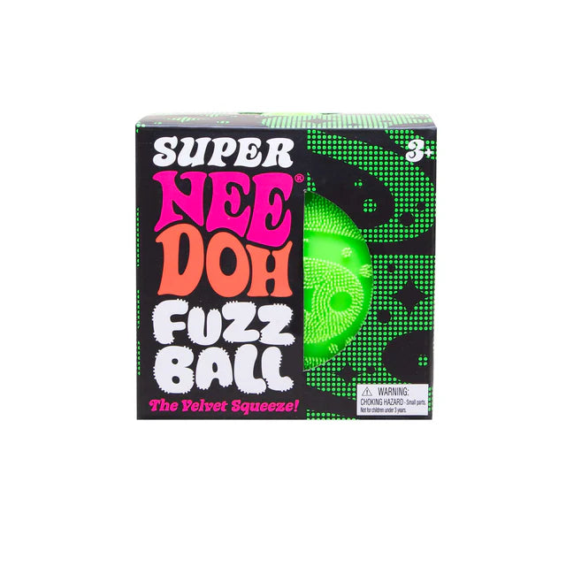 NeeDoh Super Fuzz Ball green packaging, sensory squeeze toy