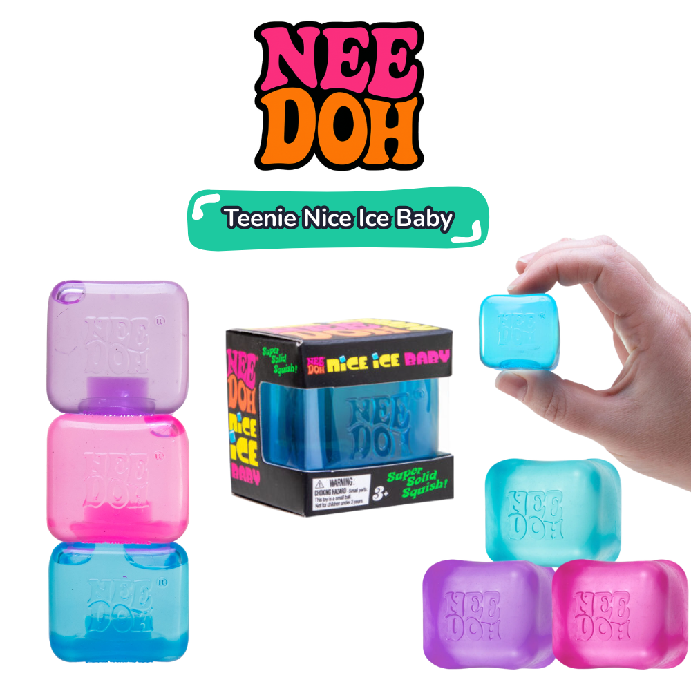 NeeDoh Teenie Nice Ice Baby cubes in purple, pink and blue with packaging