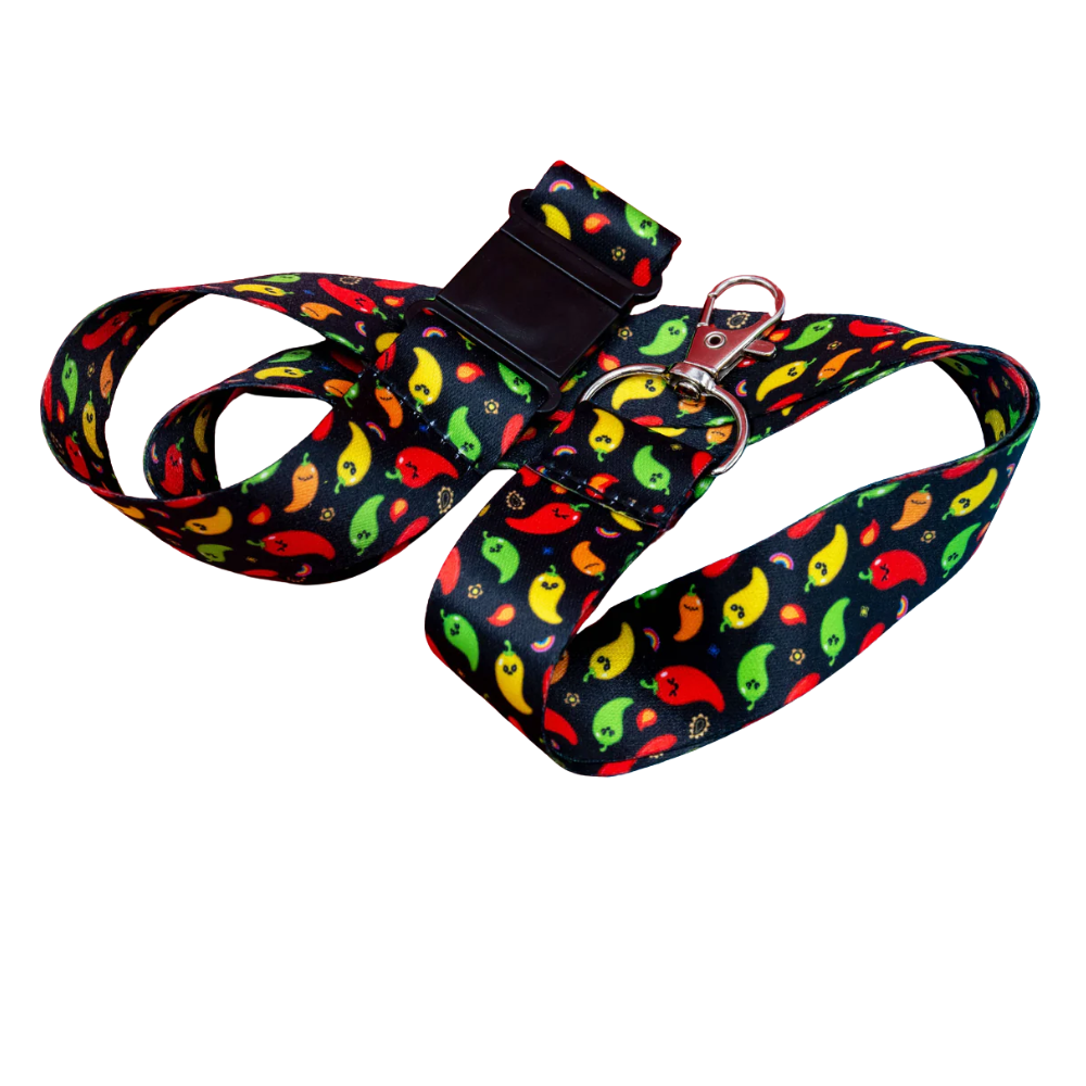 Black kawaii chilli pepper print lanyard with safety breakaway buckle and silver lobster clasp