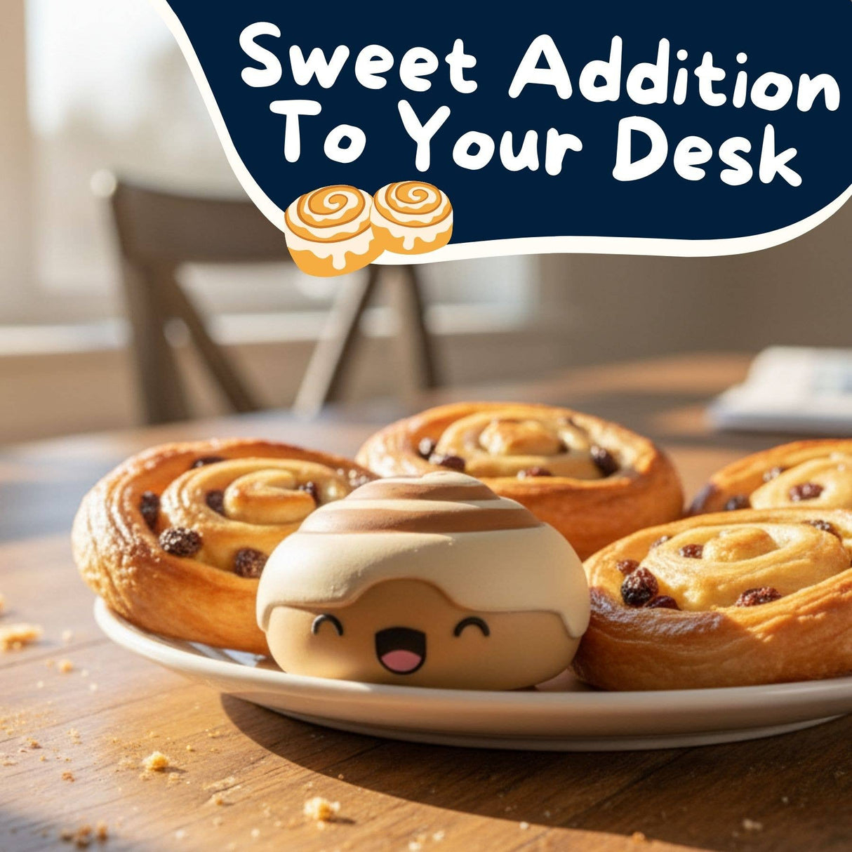 Nice Buns kawaii squishy sitting on a plate surrounded by real cinnamon rolls