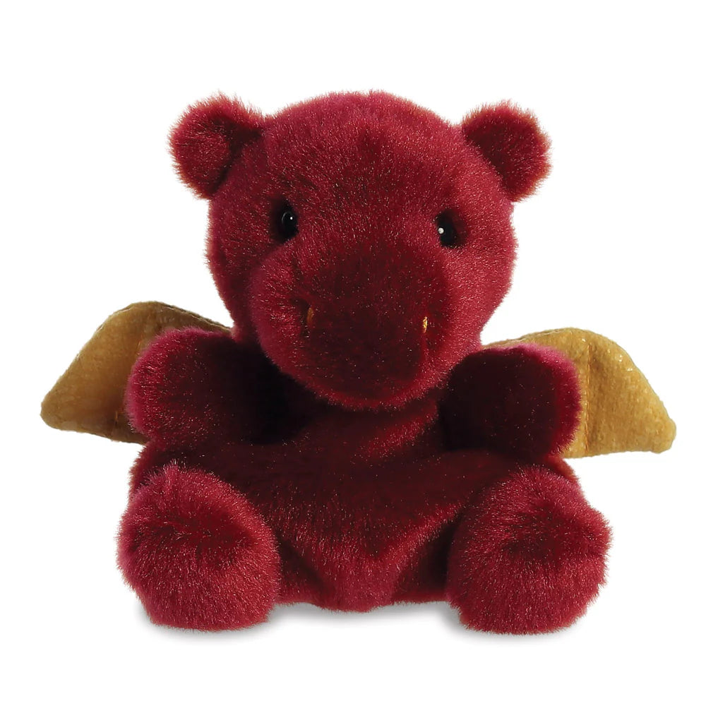 Aurora Palm Pals Aidan Dragon plush β a small deep red dragon with soft golden wings, round ears, and a gentle smiling face, sitting upright against a white background