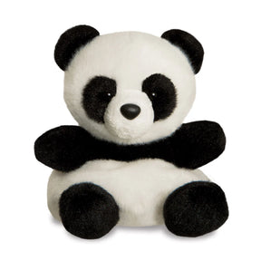 Aurora Palm Pals Bamboo Panda plush — a black and white panda soft toy with classic black eye patches, rounded black ears, a black nose, and a chunky seated pose against a white background