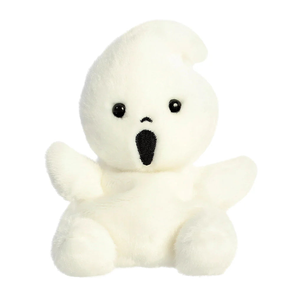 Palm Pals Boo Ghost plush, a small palm-sized stuffed ghost with a soft white body, two small wing-like arms raised out to the sides, and a wide open black embroidered mouth