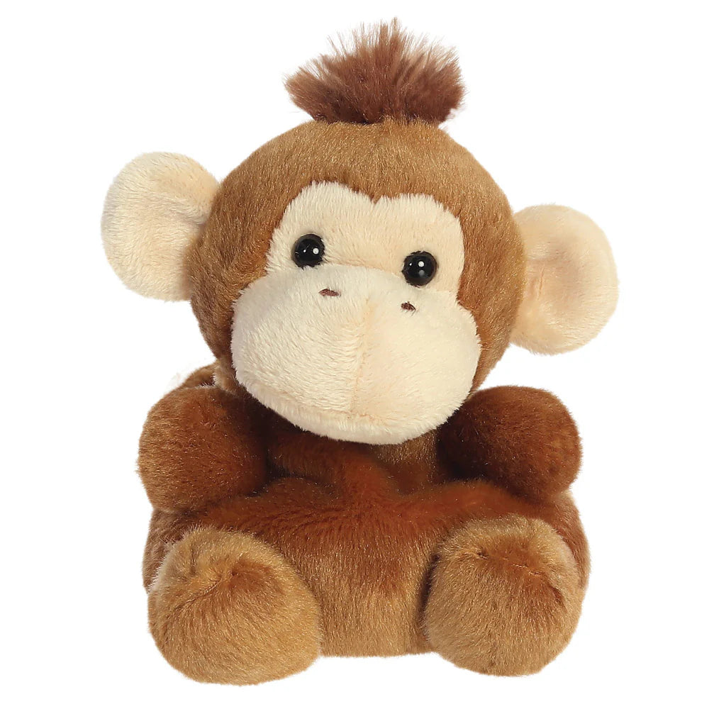 Aurora Palm Pals Boomer Monkey plush — a brown monkey soft toy with a cream-coloured muzzle, large rounded ears, a dark brown tuft on top of the head, and a cheerful seated pose