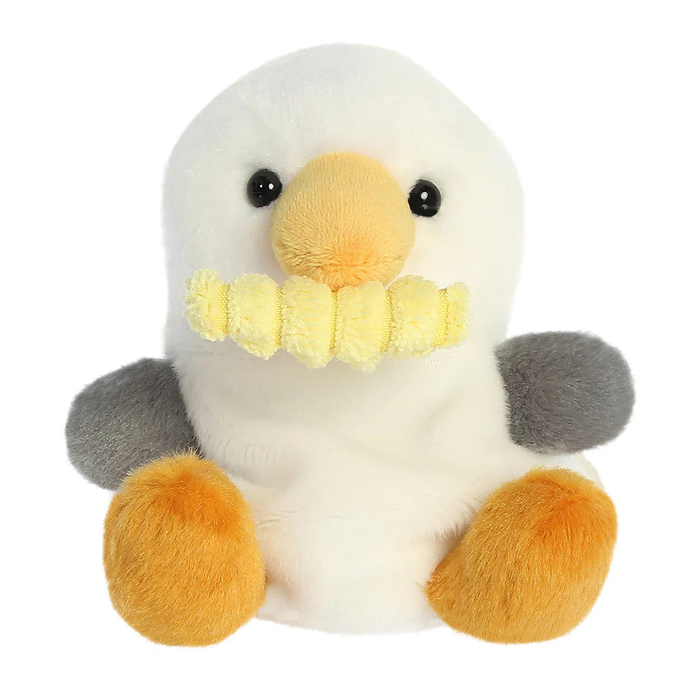 Palm Pals Buoy Seagull with Fry mini plush holding a chip in its yellow beak