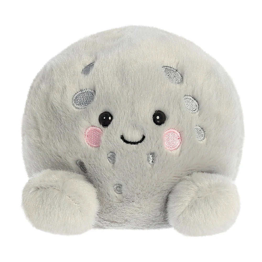 Palm Pals Celene Moon plush in soft grey with embroidered silver crater spots and pink blushed cheeks