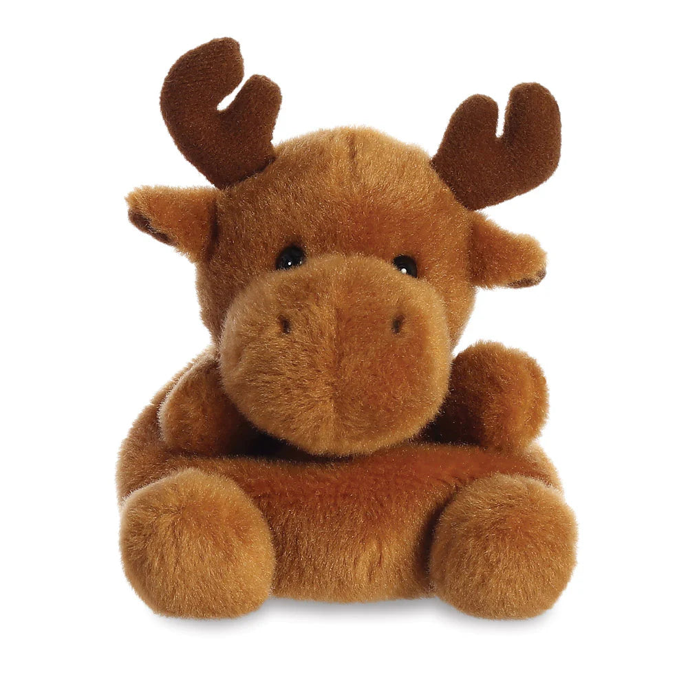 Palm Pals cinnamon reindeer plush in rich brown fur with dark brown velvet antlers and large snout