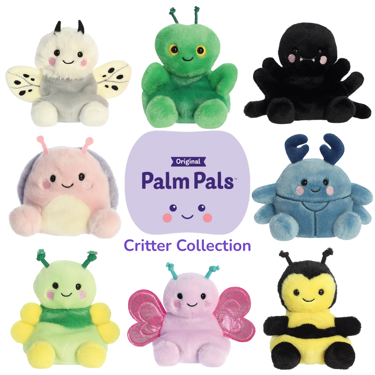 Full range of Palm Pals Critter Collection plush characters including butterfly, spider, bee and more