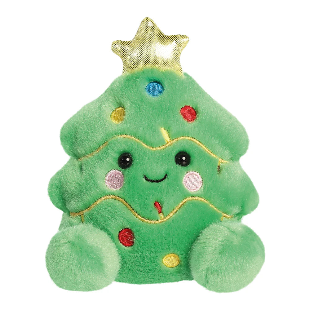 Plush toy shaped like a Christmas tree with a smiling face, colorful decorations, and a gold star on a white background.
