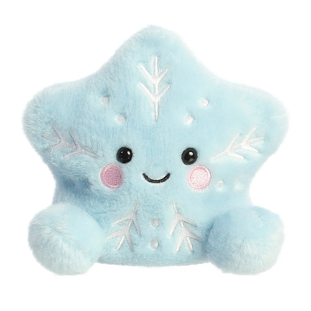 Palm Pals Frosty Snowflake plush, a small palm-sized stuffed pale blue star-shaped snowflake with white embroidered snowflake patterns, pink rosy cheeks, and a gentle smile