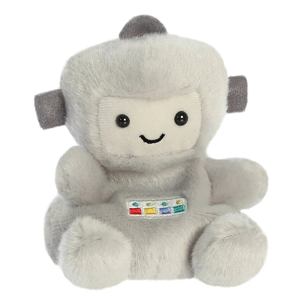 Palm Pals Gadget Robot plush in grey with square head, side antenna ears and multicolour chest panel