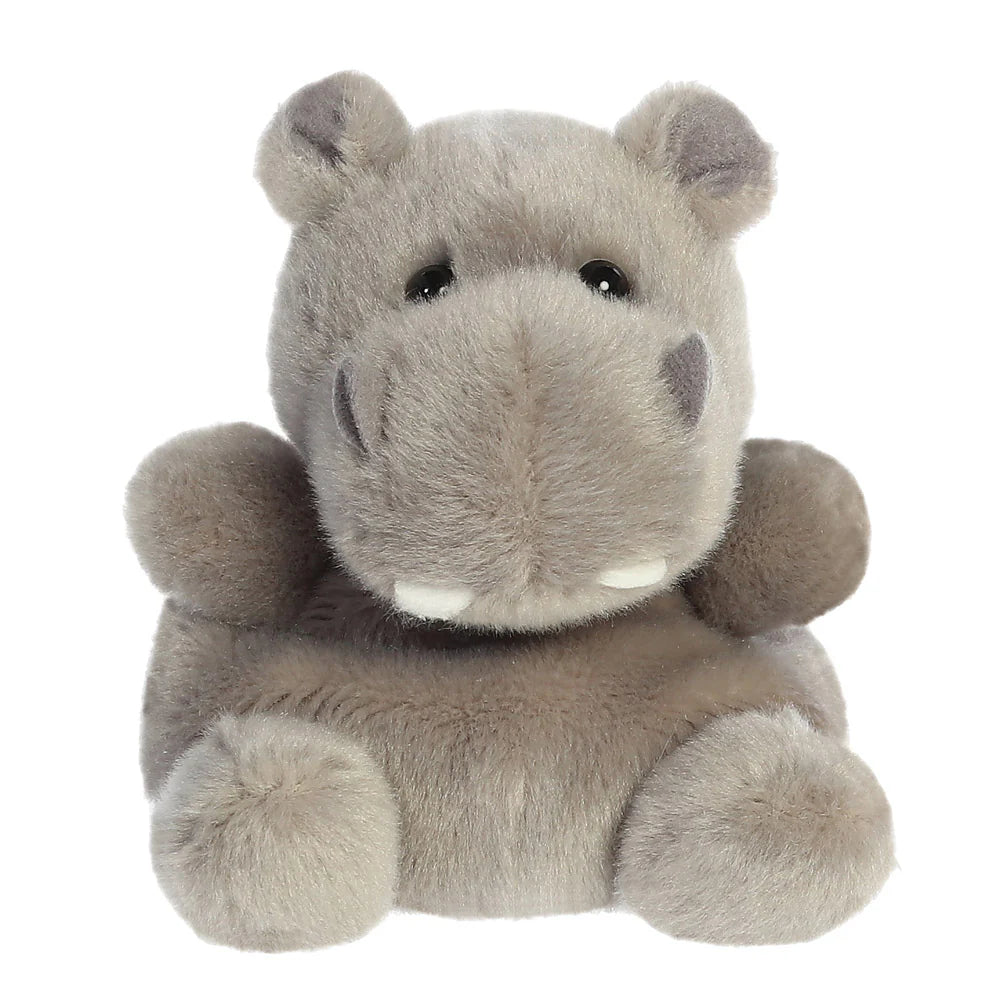 Aurora Palm Pals Hunk Hippo plush — a grey hippo soft toy with a wide rounded muzzle, small white tusk details, darker grey inner ears, and a sturdy seated pose
