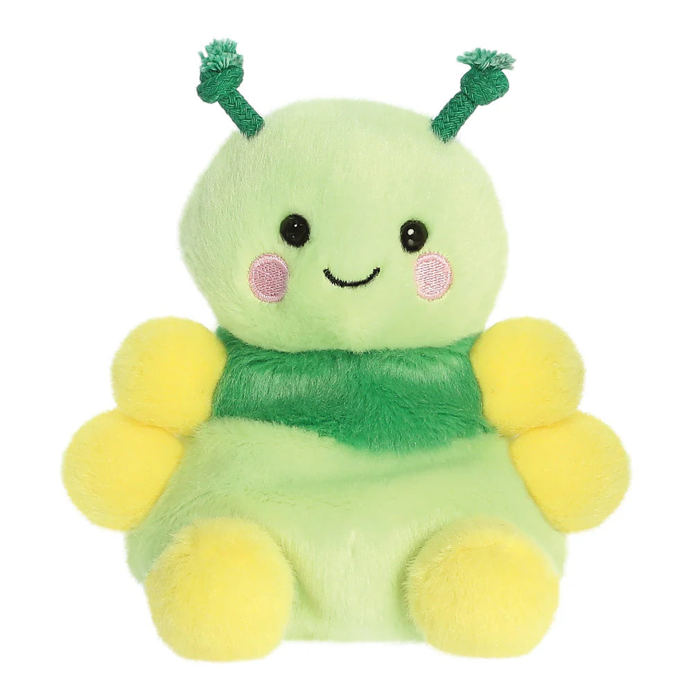 Palm Pals green and yellow ivy caterpillar plush with knotted cord antennae and rosy cheeks