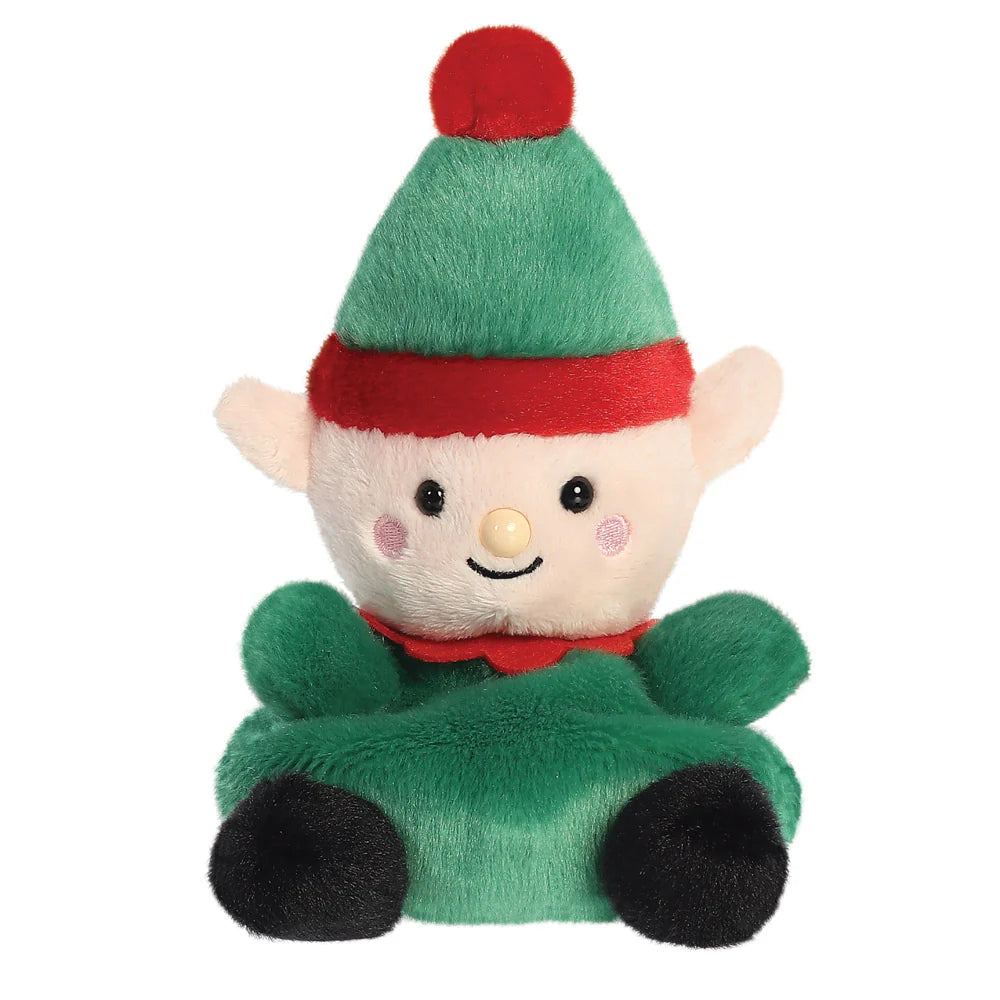 Palm Pals Jolly Elf plush, a small palm-sized stuffed elf with a cream face, large ears, a tall green hat with a red band and red pompom, a green outfit with red collar, and black feet