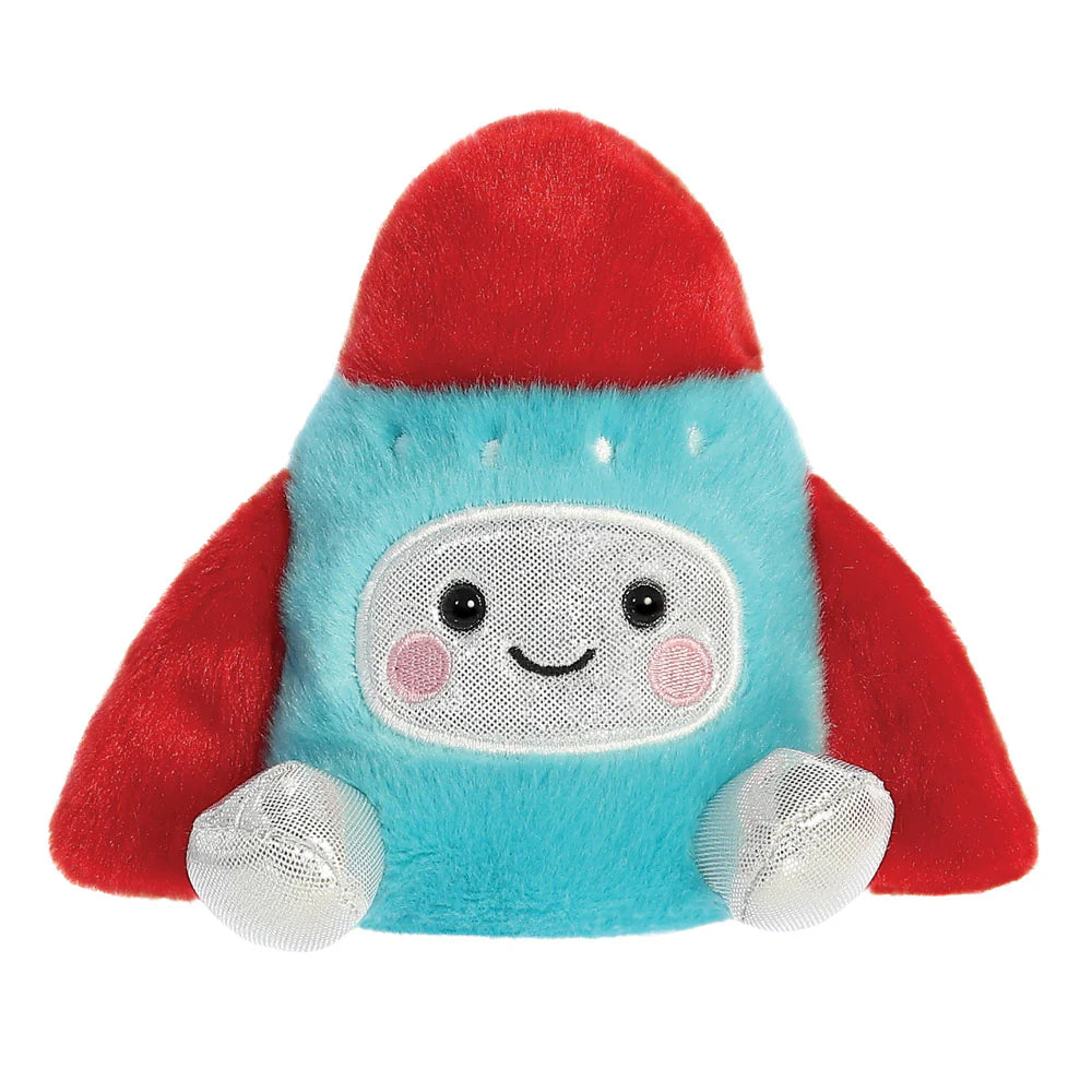 Palm Pals Mars Rocket Ship plush in aqua blue with red nose cone and silver sparkle window and feet