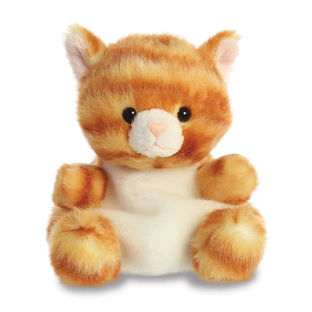 Palm Pals Meow Kitty plush, a small palm-sized stuffed orange tabby cat with bold dark orange stripe markings, a white muzzle, pink nose, and chunky rounded paws