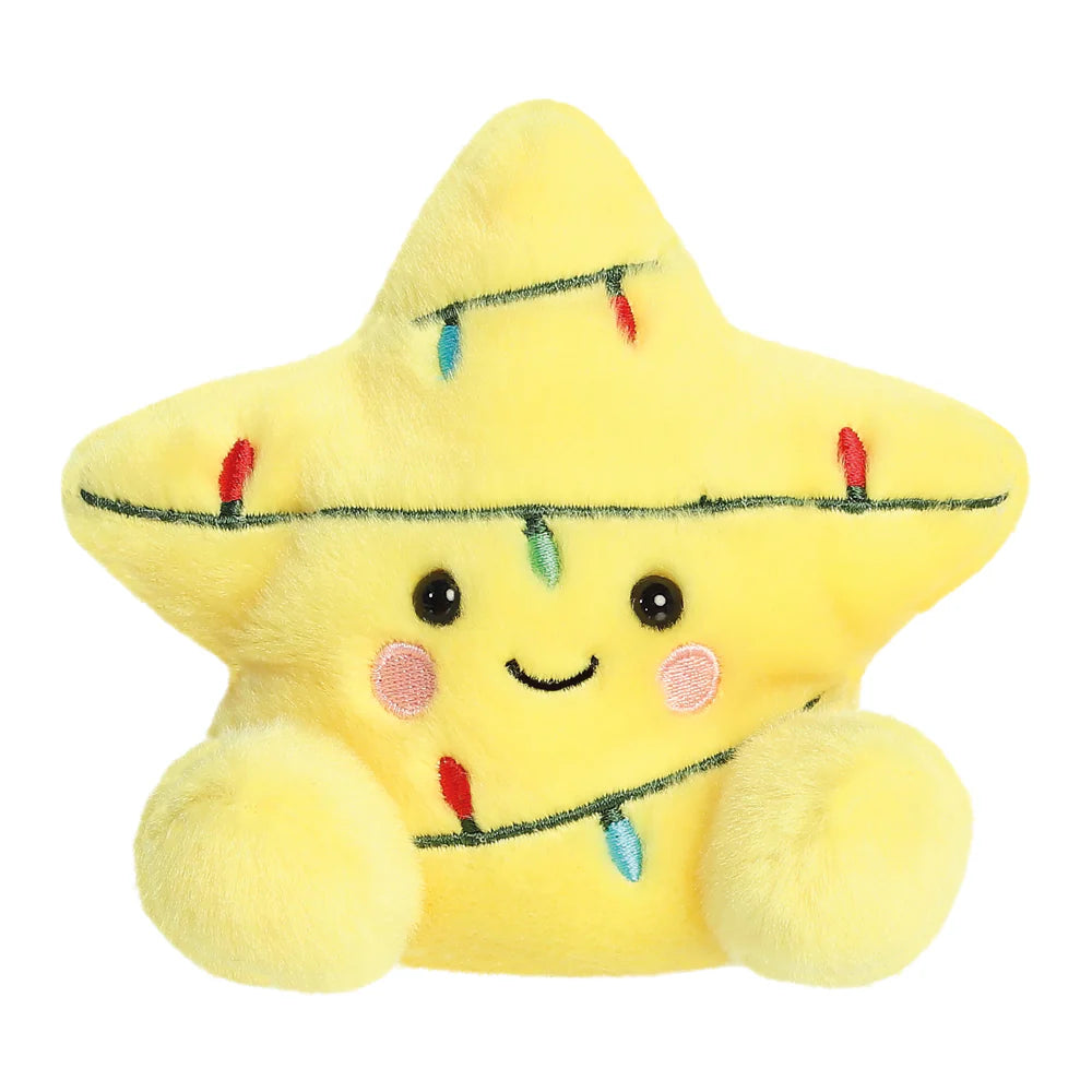 A yellow plush star toy decorated with embroidered Christmas lights and a smiling face, shown on a plain white background.