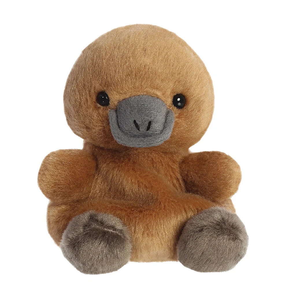 Palm Pals Patty Platypus plush in warm brown fur with grey bill and grey fluffy feet