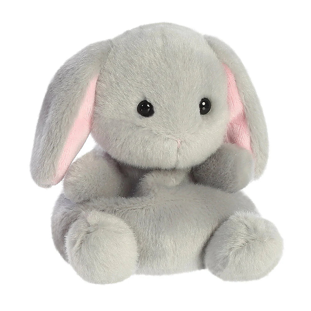 Palm Pals Pebbles Bunny plush, a small palm-sized stuffed grey rabbit with long floppy ears lined with soft pink, dark bead eyes, and a round fluffy body