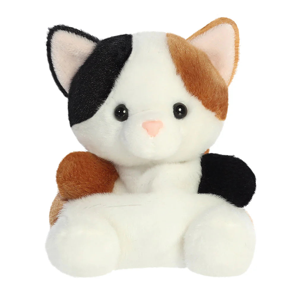 Palm Pals Peebs Calico Cat plush, a small palm-sized stuffed calico cat with black, tan, and white patched colouring, a white face, and tan rounded feet
