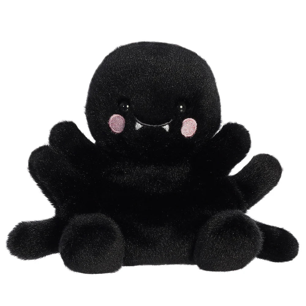 Palm Pals black penny mae spider plush with eight legs, pink embroidered cheeks and little fangs