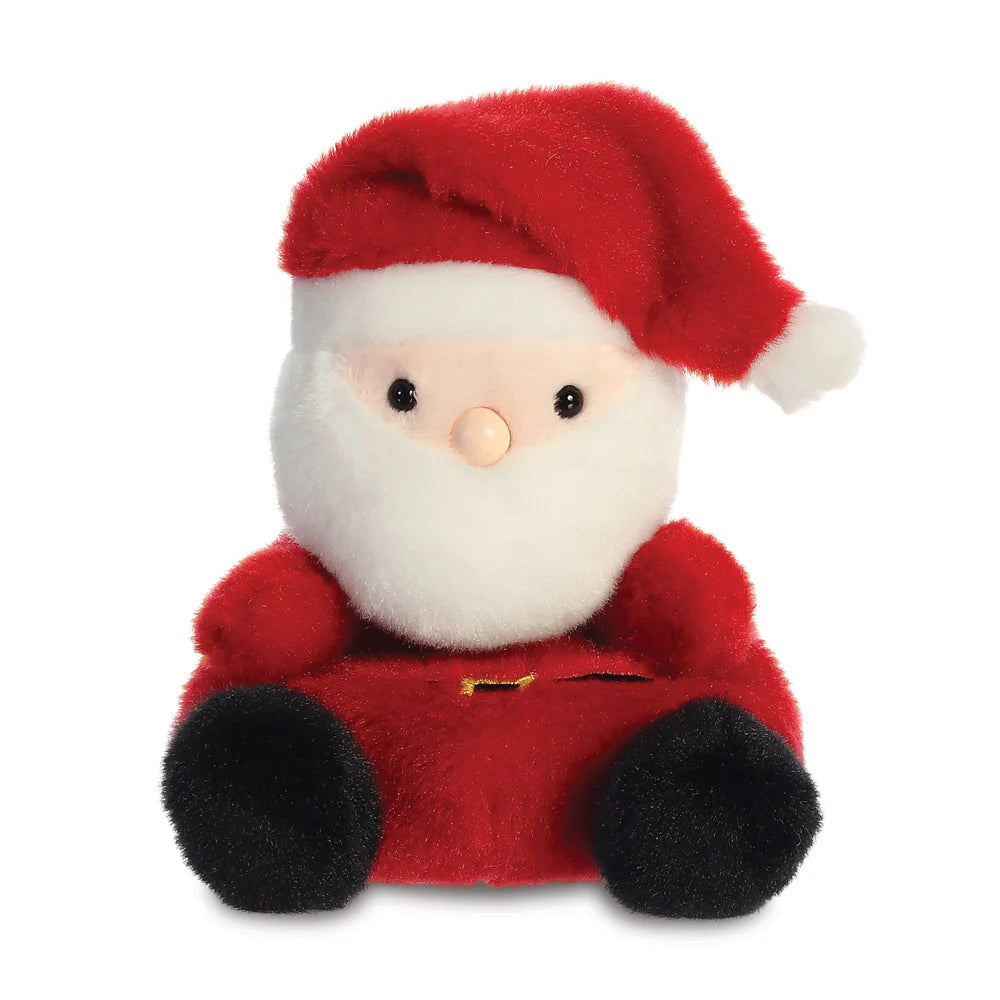 Palm Pals Santa Claus plush, a small palm-sized stuffed Santa with a red suit, a fluffy white beard framing a rosy pink face, a red hat with white trim and pompom, and black feet