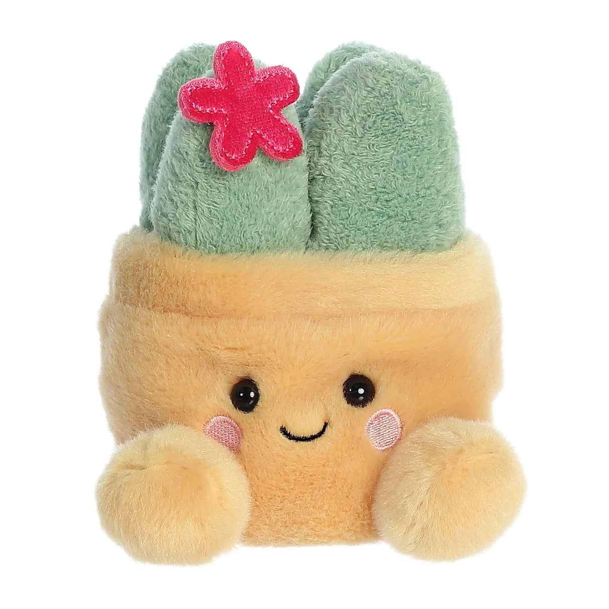 Aurora Palm Pals Seyla Succulent plush β a sandy yellow square pot soft toy with a sage green succulent plant on top decorated with a small red embroidered flower, pink cheeks, and a smiling face