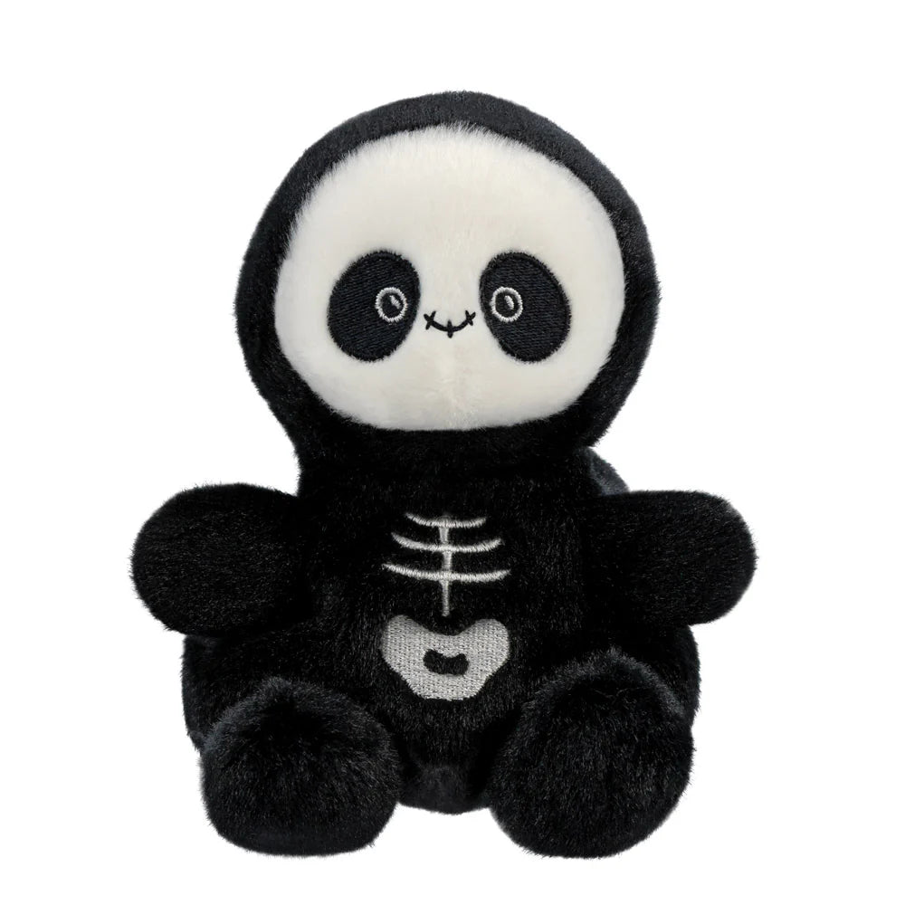 Palm Pals Skelly Skeleton plush, a small palm-sized stuffed grim reaper in a black hooded cloak with a white round face, embroidered hollow eyes, white skeletal ribcage detail on the chest, and a small embroidered heart at the base