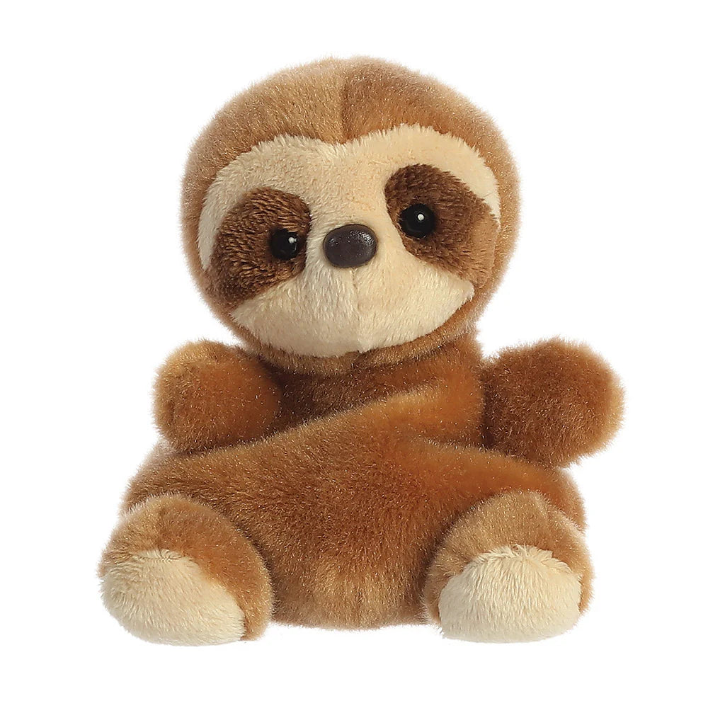 Aurora Palm Pals Slomo Sloth plush — a two-toned brown sloth soft toy with a cream facial disc, dark brown eye patches, a small black nose, and one arm raised in a relaxed waving pose