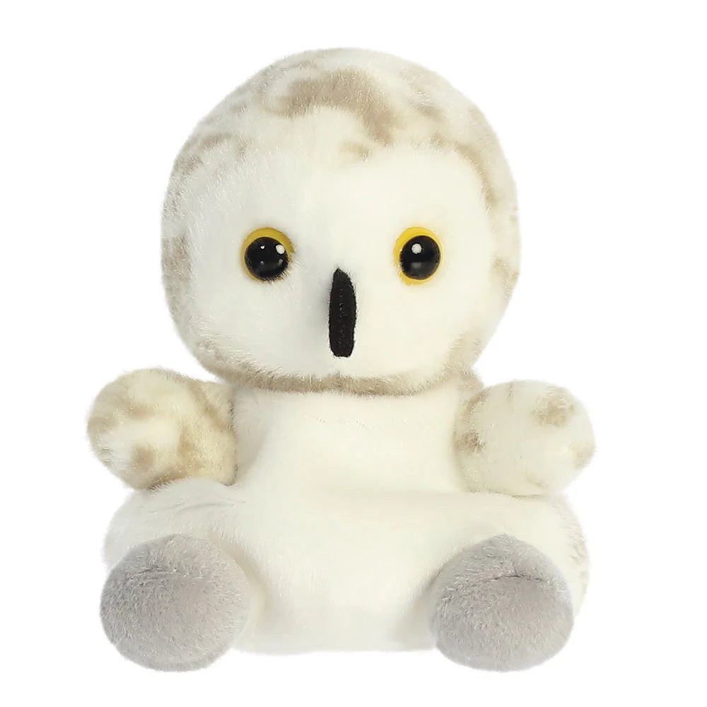 Palm Pals snowy owl plush with white and taupe speckled fur, yellow eyes and black beak