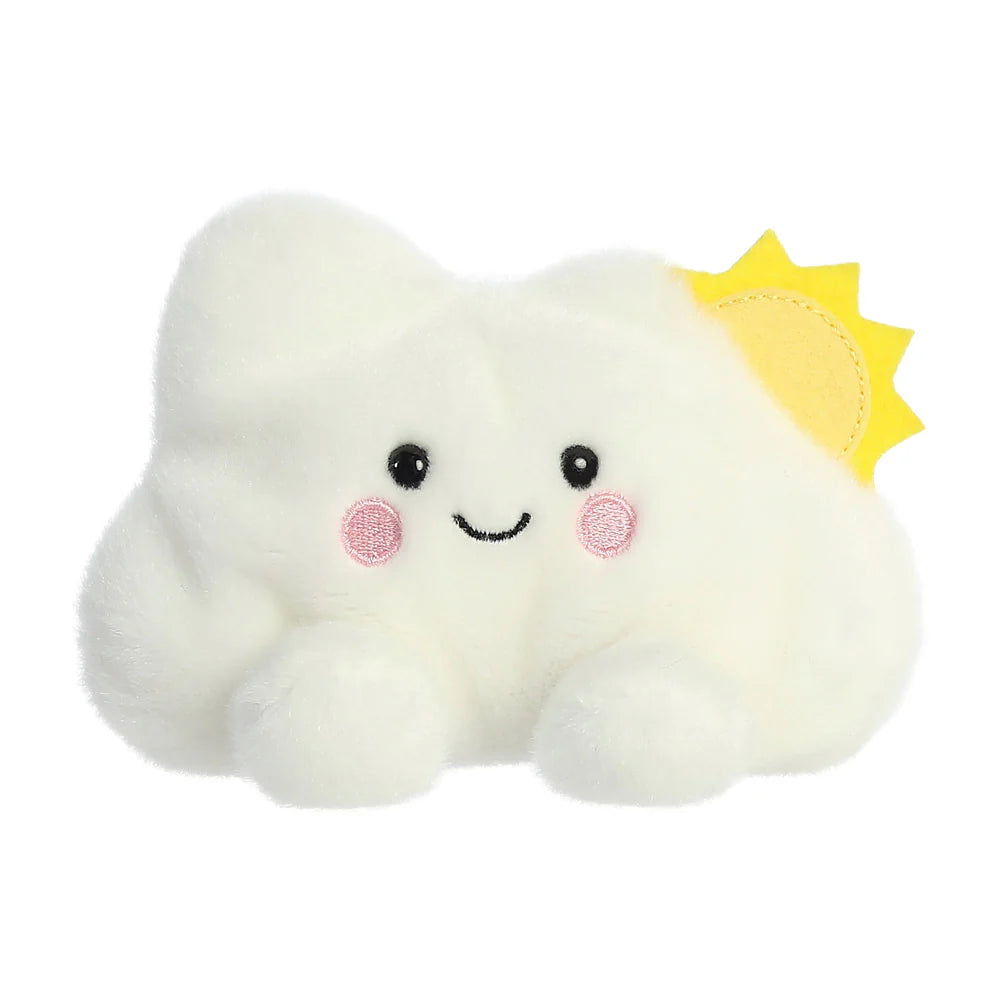 Aurora Palm Pals Summer Cloud plush β a fluffy white cloud soft toy with a small yellow sun peeking out from the corner, pink embroidered cheeks, and a gentle smiling face