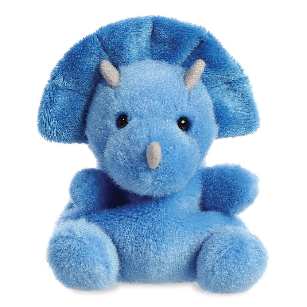 Palm Pals Tank Triceratops plush, a small palm-sized stuffed triceratops with a bright blue body, large blue frill, two short grey horns, and a single grey nose horn