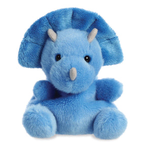Palm Pals Tank Triceratops plush, a small palm-sized stuffed triceratops with a bright blue body, large blue frill, two short grey horns, and a single grey nose horn