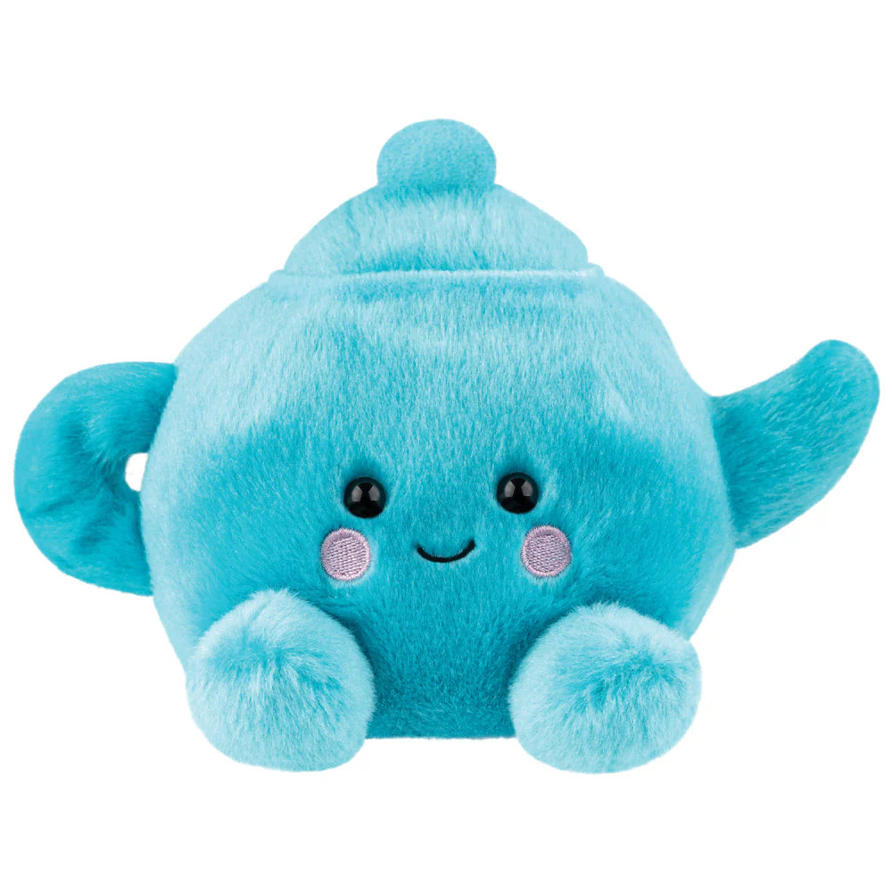 Aurora Palm Pals Tilly Teapot plush β a turquoise teapot-shaped soft toy with a rounded lid, spout, handle, lavender blush cheeks, and a cheerful smiling face